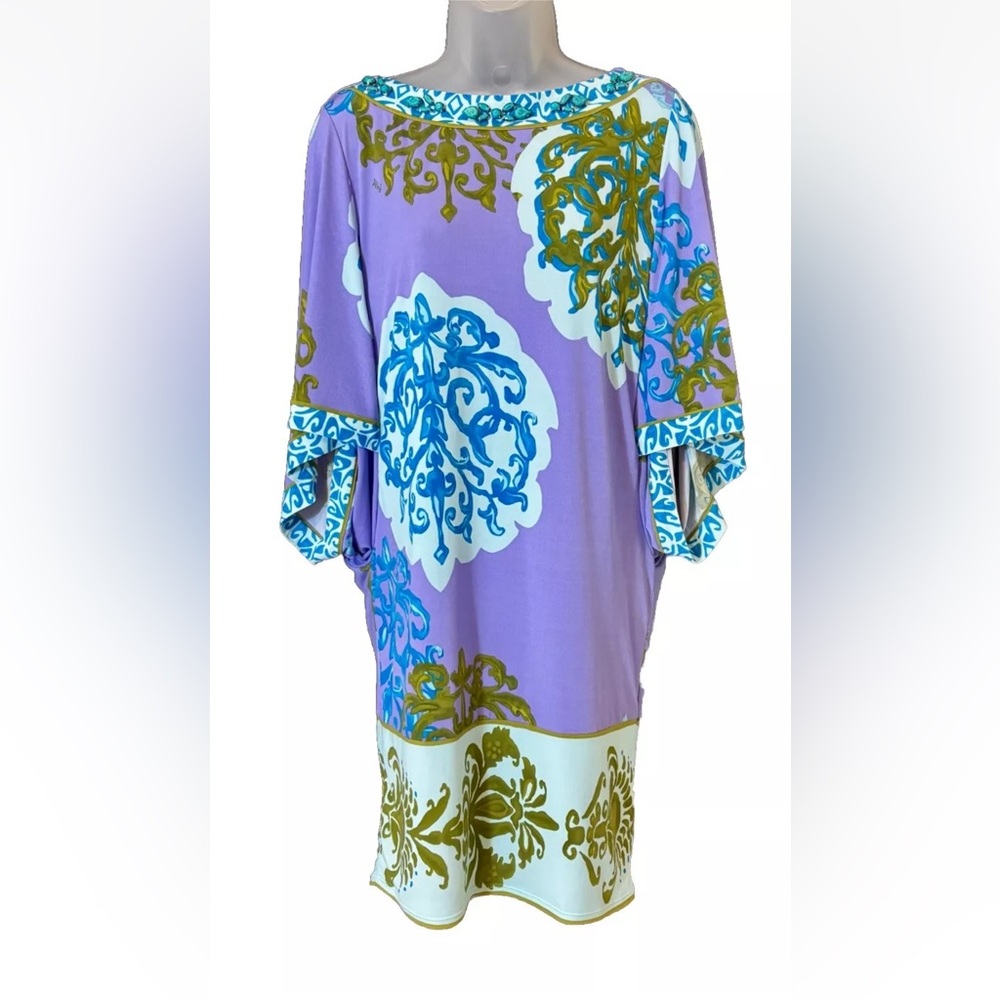 Hale Bob Women's Size S Purple Print Mini Dress Turquoise Embellished Resortwear